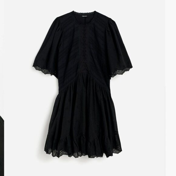 Madewell NU556 Black Eyelet Flutter Sleeve Mini Dress in Cotton 10 NWT - Picture 5 of 13